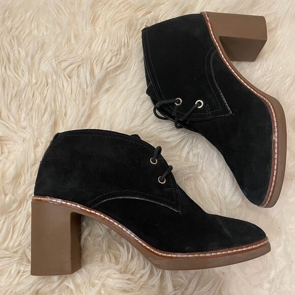Tory Burch Hilary Suede Chukka Booties | Black Lace-Up, Block Heel, 8M - Picture 2 of 13